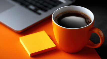Warm coffee in orange mug beside a laptop on a sunny desk