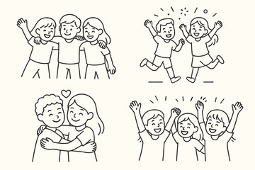 Happy Kids Friendship Line Art Set &mdash; Children Hugging, Laughing and Playing Together