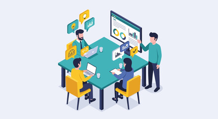 Isometric Team Meeting with Presentation and Discussion.