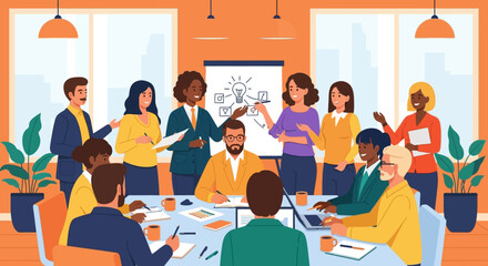 Diverse Team Brainstorming Ideas Around Conference Table.