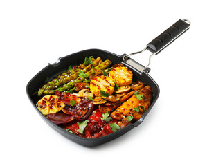 Delicious grilled vegetables with spices in pan isolated on white