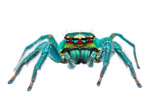Close up of a vibrant blue and green jumping spider with striking red markings on its face