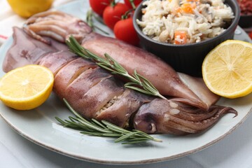 Raw squids, stuffing, rosemary, lemon and tomatoes on white tiled table, closeup