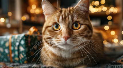 A ginger tabby cat looking at the camera with christmas lights