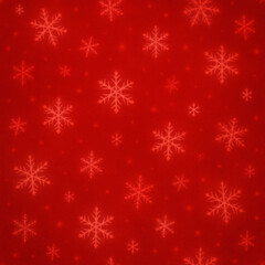 A festive red background featuring softly glowing snowflakes scattered across the surface. The warm tones and gentle lighting create a cheerful holiday atmosphere