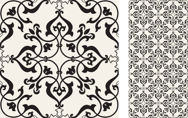 Seamless Azulejo tile. Portuguese and Spain decor. Ceramic tile in black and white. Vector hand drawn illustration, typical portuguese and spanish tile	