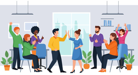 Diverse Team Celebrating Success in Modern Office.
