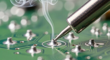 Macro shot of soldering iron melting solder on a circuit board, creating smoke, electronics repair and assembly, technology concept
