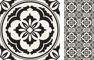 Seamless Azulejo tile. Portuguese and Spain decor. Ceramic tile in black and white. Vector hand drawn illustration, typical portuguese and spanish tile	