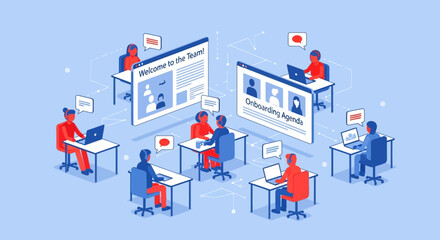 Isometric Illustration of Team Onboarding and Communication.