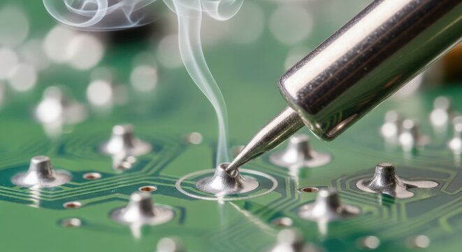 Macro shot of soldering iron melting solder on a circuit board, creating smoke, electronics repair and assembly, technology concept