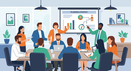 Business Team Meeting Discussing Planning Strategy in Office.