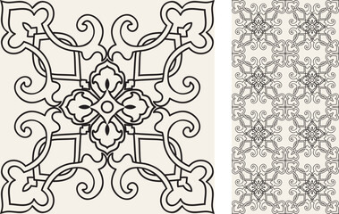 Seamless Azulejo tile. Portuguese and Spain decor. Ceramic tile in black and white. Vector hand drawn illustration, typical portuguese and spanish tile	