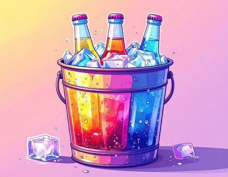 Chilled bucket with carbonated drinks and ice cubes container brimmed with chilled carbonated beverages and abundant ice cubes ideal for cooling down