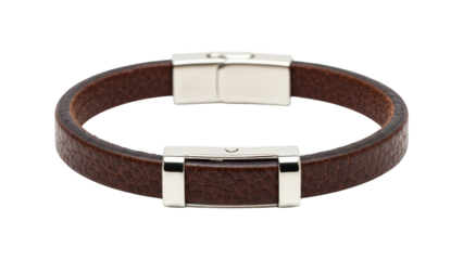 Brown leather bracelet with metal clasp closure on black background.