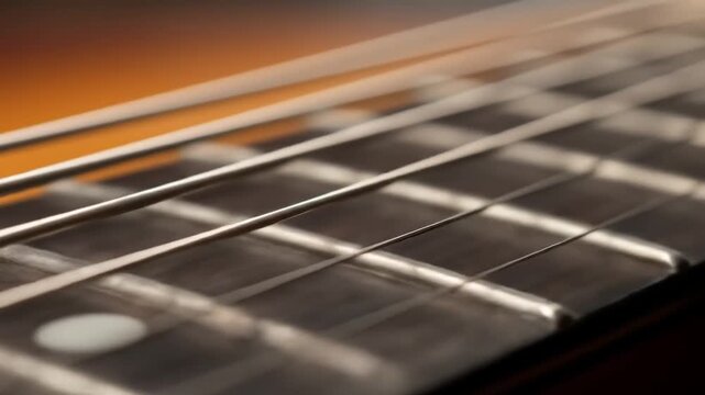 Close-up of a guitar fretboard showing strings and frets in detail.