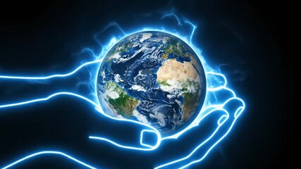 Earth Planet Held in Glowing Hands Energy Field Digital Background Visual Effect Electric Spark Futuristic Abstract Glow Animation Black Backdrop - Powered by Adobe