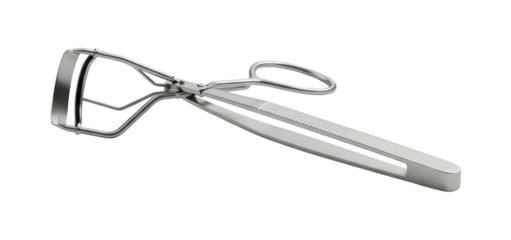 Silver eyelash curler tool with a black background.