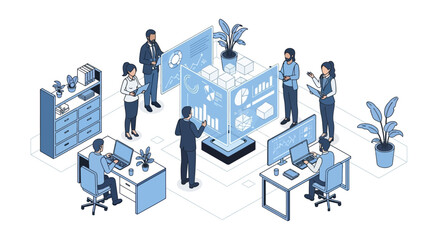 Business Team Analyzing Data on Futuristic Display.