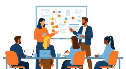 Business Team Meeting with Whiteboard Presentation and Discussion.