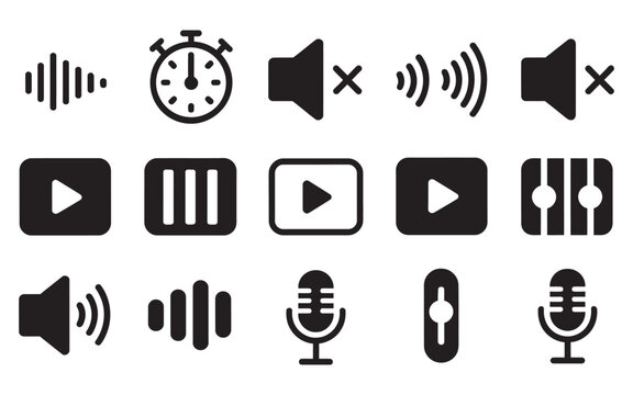 Audio and Video Icons Play, Volume, Microphone, and Settings