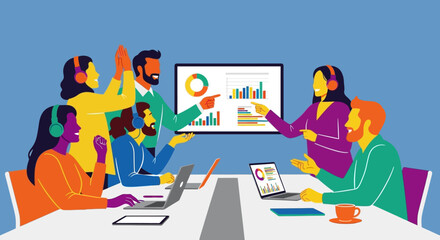Colorful Team Meeting Discussing Business Charts and Data.