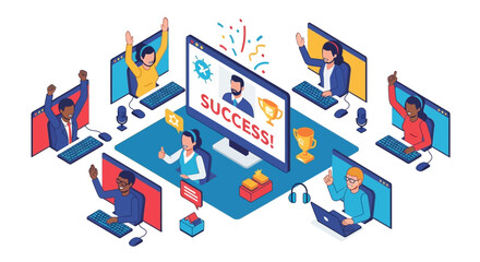 Online Team Celebrating Success with Computer Screens.