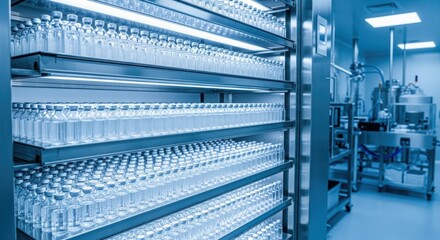 Rows of sterile vials filled with medication in a clean pharmaceutical manufacturing facility ready for packaging and distribution