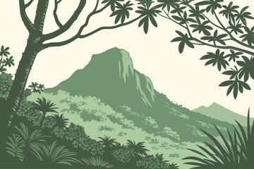 Kauai jungle mountain vector, minimal tropical landscape
