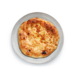 One delicious Megrelian khachapuri isolated on white, top view