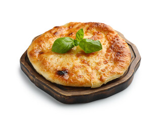Delicious Megrelian khachapuri with basil isolated on white