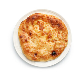 One delicious Megrelian khachapuri isolated on white, top view