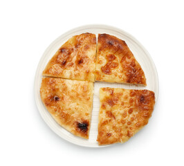 Cut delicious Megrelian khachapuri isolated on white, top view