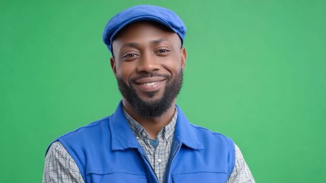 Smiling Man with confidence: A cheerful man wearing a cap and uniform, exudes confidence with his warm smile and welcoming eyes against a green backdrop.