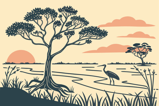 Minimal vector art of Everglades National Park with mangrove trees and sunset
