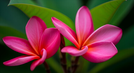 Fototapeta premium Two vibrant pink plumeria flowers with green leaves background