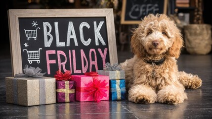 fluffy dog with black friday gifts