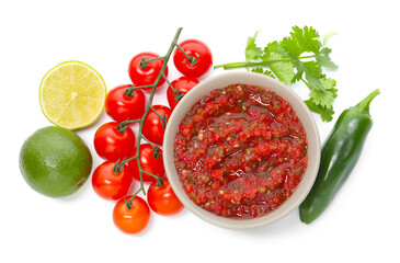 Tasty salsa sauce and ingredients isolated on white, top view