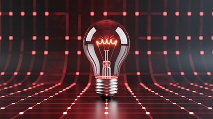 Glowing Incandescent Light Bulb with Red Grid Background