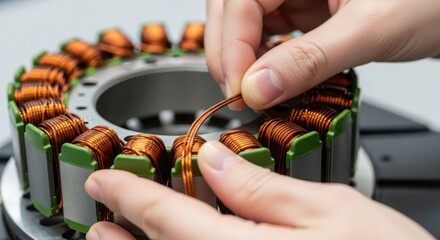 Close up of hands working with copper coil winding, showcasing precision and detail in electrical component manufacturing