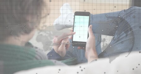 Woman tapping smartphone and scrolling list with dotted map overlay glowing for travel planning - Powered by Adobe