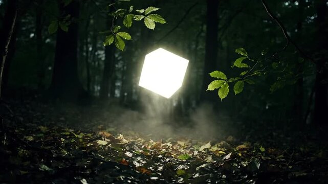 A glowing white cube floats mysteriously above a smoky forest floor, illuminated by its own light in the dark woods.