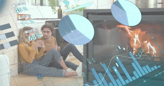 Smart system detecting stove temp and projecting energy usage charts around couple sipping mugs