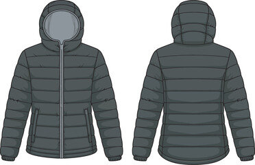 Black puffer jacket front and back view, vector illustration