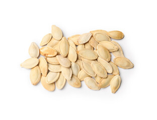 Pile of pumpkin seeds isolated on white, top view