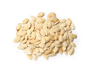 Pile of pumpkin seeds isolated on white, top view