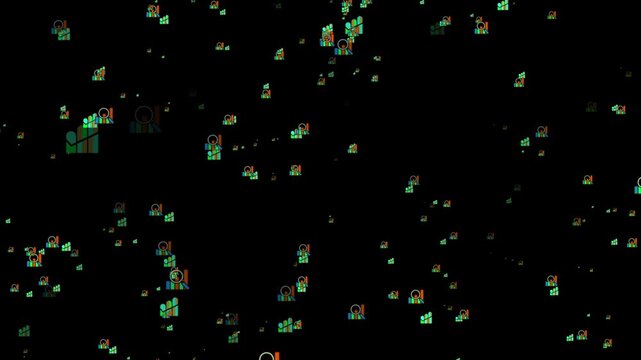 Dark Background with Numerous Small Colorful Data Chart Icons. Premium business icon with particles 4k animation.