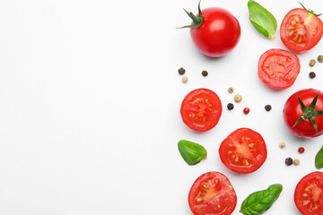 Fototapeta premium Fresh ripe tomatoes, basil and peppercorns on white background, flat lay. Space for text