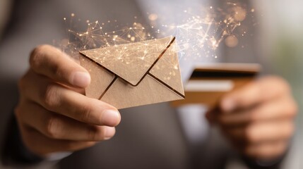 man holding digital message and card