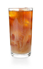 Tasty iced coffee with milk in glass isolated on white